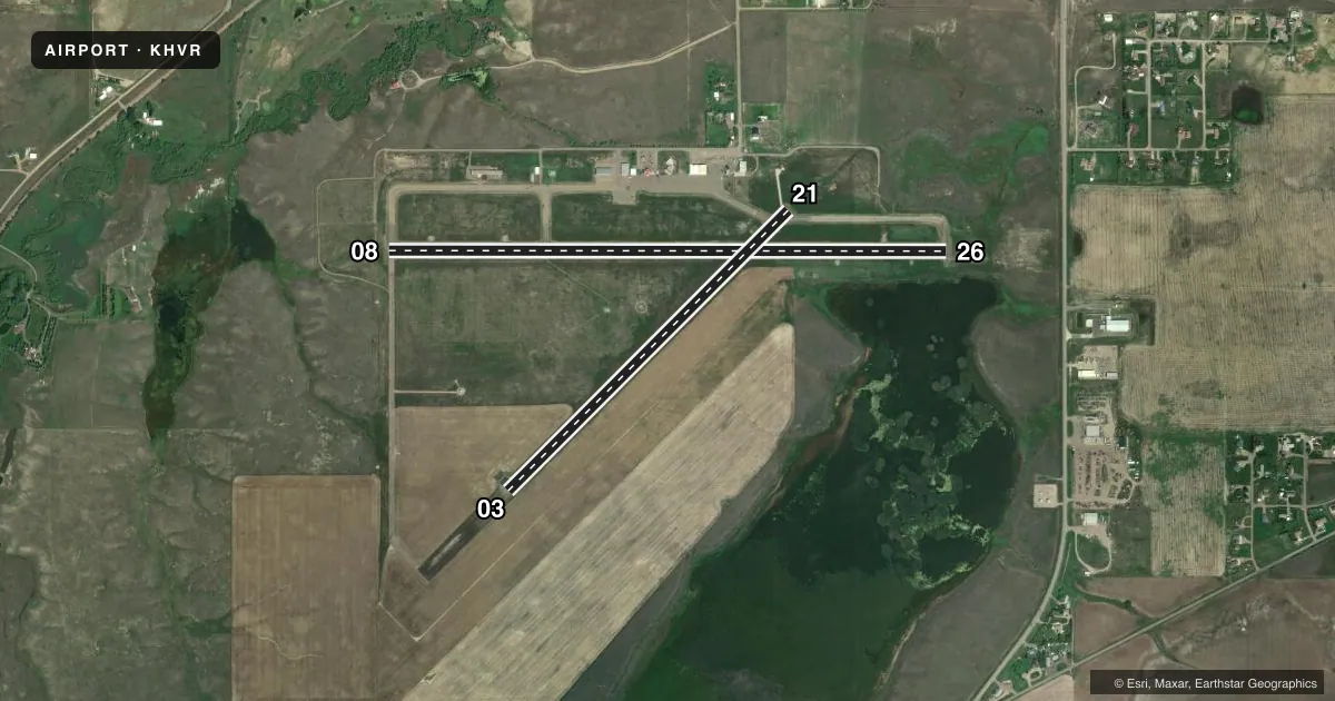 Top-down satellite sketch of KHVR HAVRE CITY-COUNTY in HAVRE, MONTANA, showing runways 08/26, 03/21 drawn to scale over Esri World Imagery