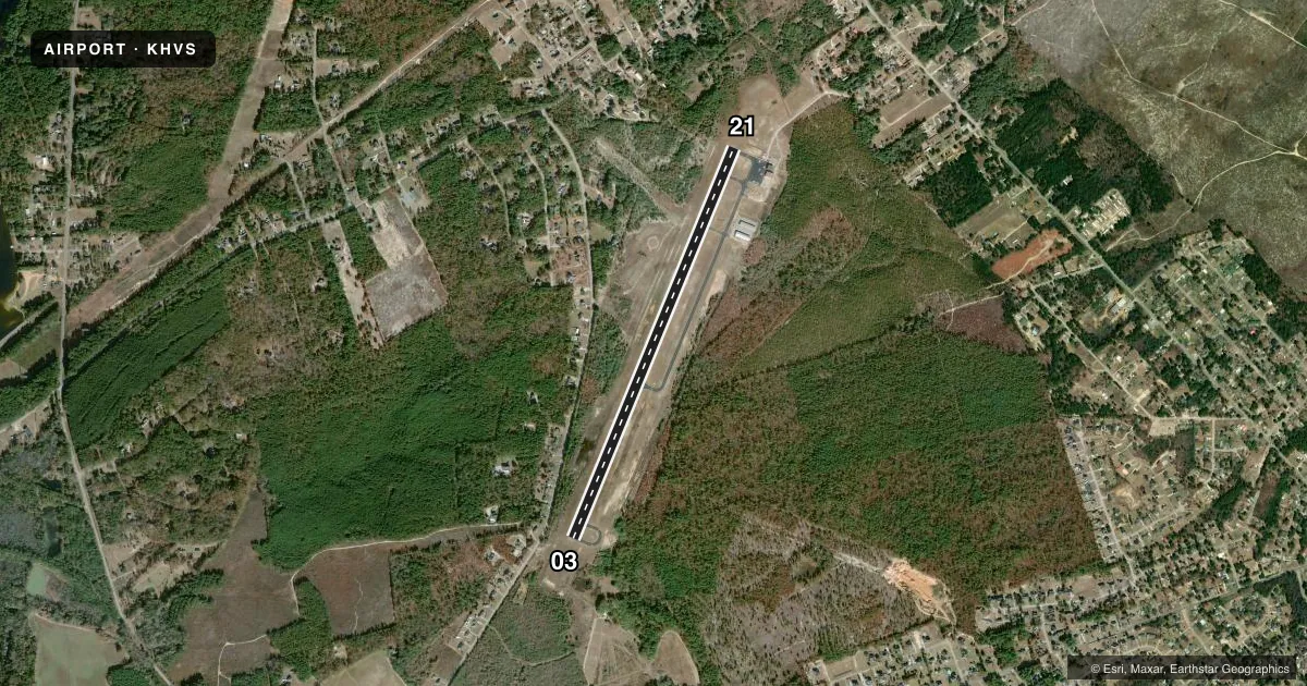 Top-down satellite sketch of KHVS HARTSVILLE RGNL in HARTSVILLE, SOUTH CAROLINA, showing runways 03/21 drawn to scale over Esri World Imagery