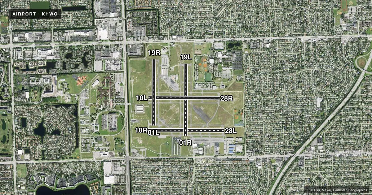 Top-down satellite sketch of KHWO NORTH PERRY in HOLLYWOOD, FLORIDA, showing runways 10R/28L, 01R/19L, 10L/28R, 01L/19R drawn to scale over Esri World Imagery