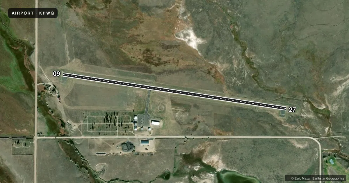 Top-down satellite sketch of KHWQ WHEATLAND COUNTY AT HARLOWTON in HARLOWTON, MONTANA, showing runways 09/27 drawn to scale over Esri World Imagery