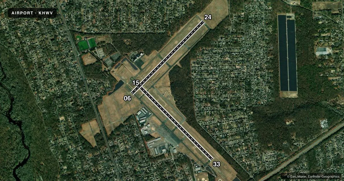 Top-down satellite sketch of KHWV BROOKHAVEN in SHIRLEY, NEW YORK, showing runways 15/33, 06/24 drawn to scale over Esri World Imagery