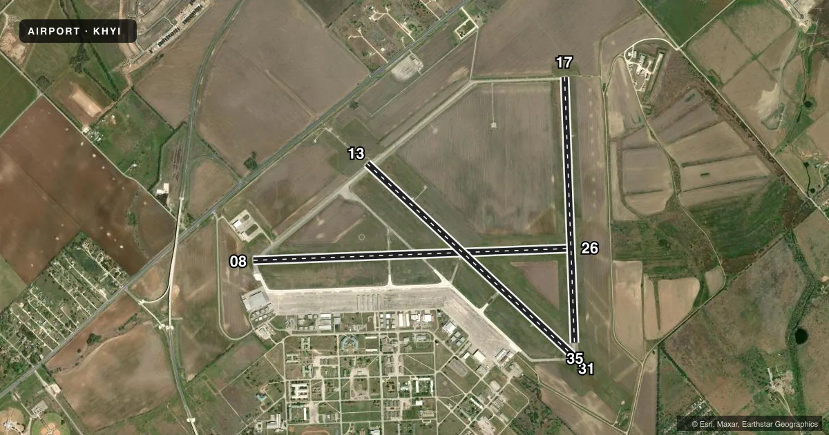 Top-down satellite sketch of KHYI SAN MARCOS RGNL in AUSTIN, TEXAS, showing runways 08/26, 13/31, 17/35 drawn to scale over Esri World Imagery