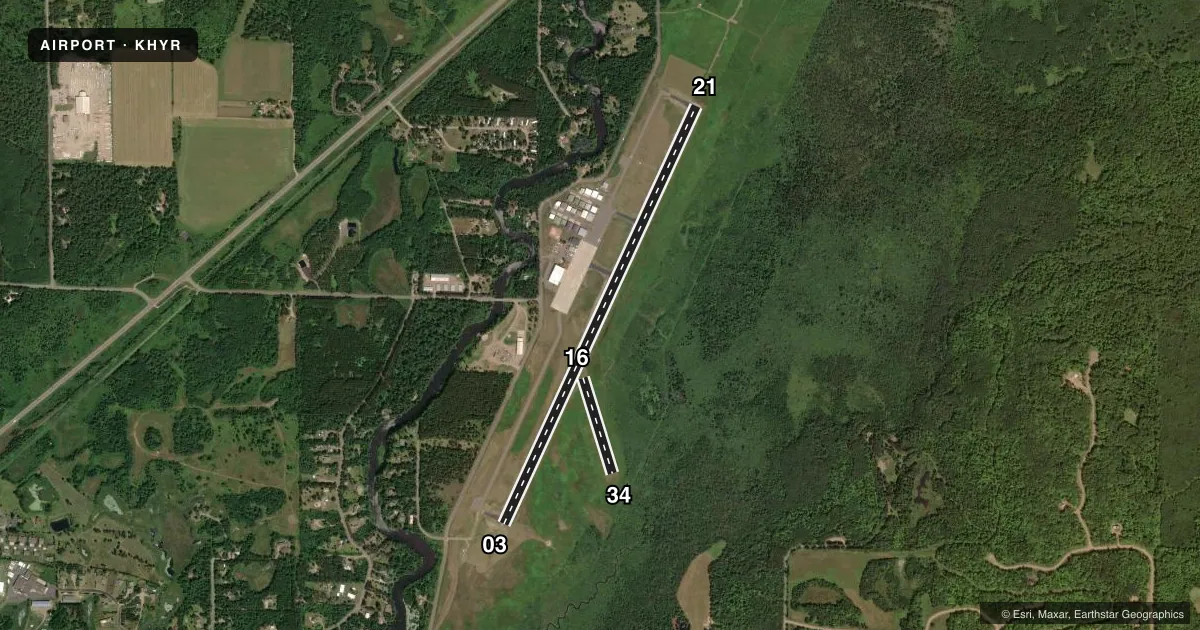 Top-down satellite sketch of KHYR SAWYER COUNTY in HAYWARD, WISCONSIN, showing runways 03/21, 16/34 drawn to scale over Esri World Imagery