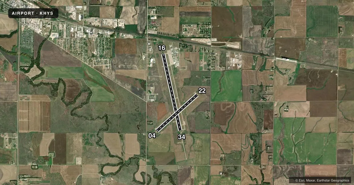 Top-down satellite sketch of KHYS HAYS RGNL in HAYS, KANSAS, showing runways 16/34, 04/22 drawn to scale over Esri World Imagery