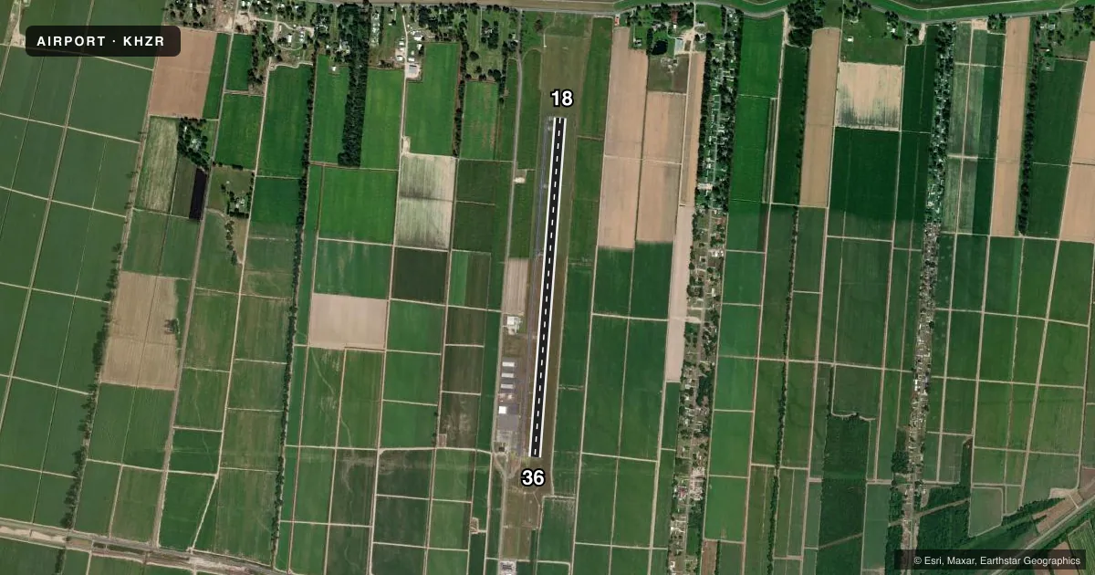 Top-down satellite sketch of KHZR FALSE RIVER RGNL in NEW ROADS, LOUISIANA, showing runways 18/36 drawn to scale over Esri World Imagery
