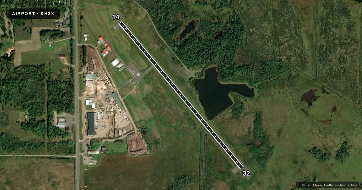 Top-down satellite sketch of KHZX ISEDOR IVERSON in MC GREGOR, MINNESOTA, showing runways 14/32 drawn to scale over Esri World Imagery