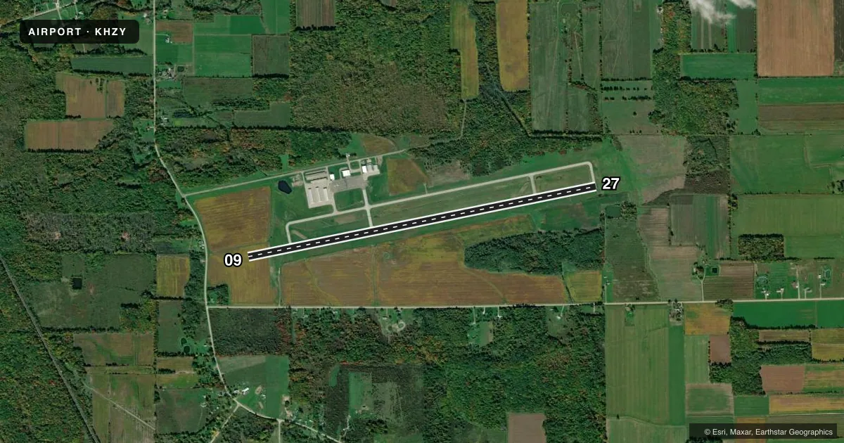 Top-down satellite sketch of KHZY NORTHEAST OHIO RGNL in ASHTABULA, OHIO, showing runways 09/27 drawn to scale over Esri World Imagery