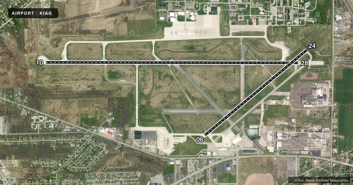 Top-down satellite sketch of KIAG NIAGARA FALLS INTL in NIAGARA FALLS, NEW YORK, showing runways 10/28, 06/24 drawn to scale over Esri World Imagery