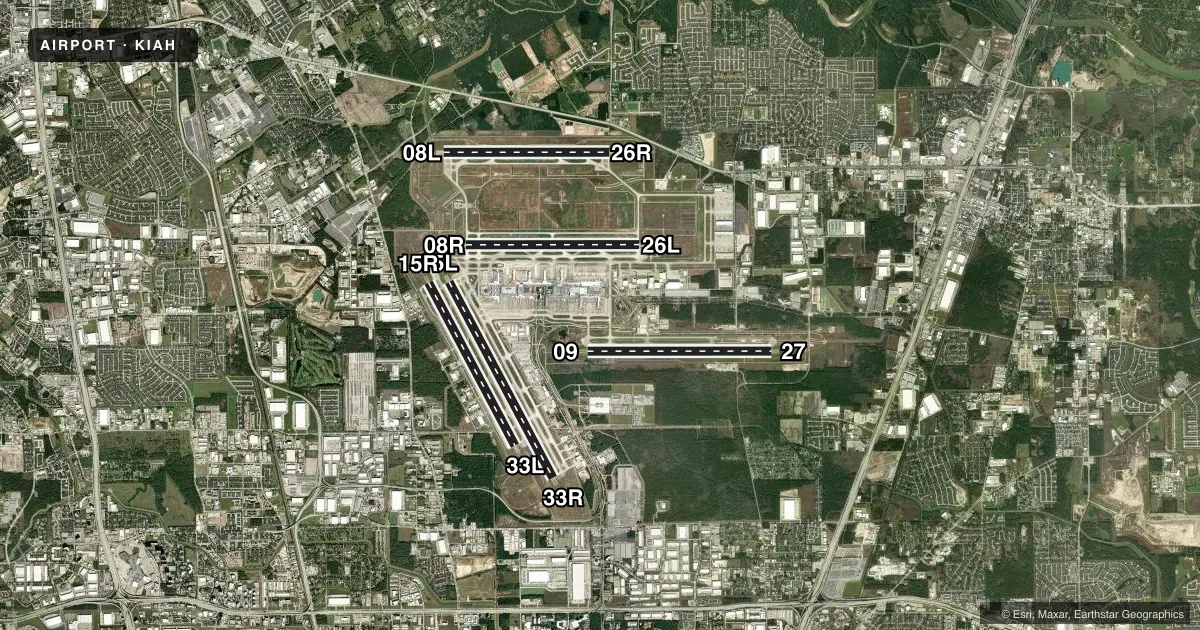Top-down satellite sketch of KIAH GEORGE BUSH INTCNTL/HOUSTON in HOUSTON, TEXAS, showing runways 15L/33R, 15R/33L, 09/27, 08R/26L, 08L/26R drawn to scale over Esri World Imagery