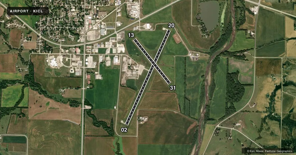 Top-down satellite sketch of KICL SCHENCK FLD in CLARINDA, IOWA, showing runways 02/20, 13/31 drawn to scale over Esri World Imagery