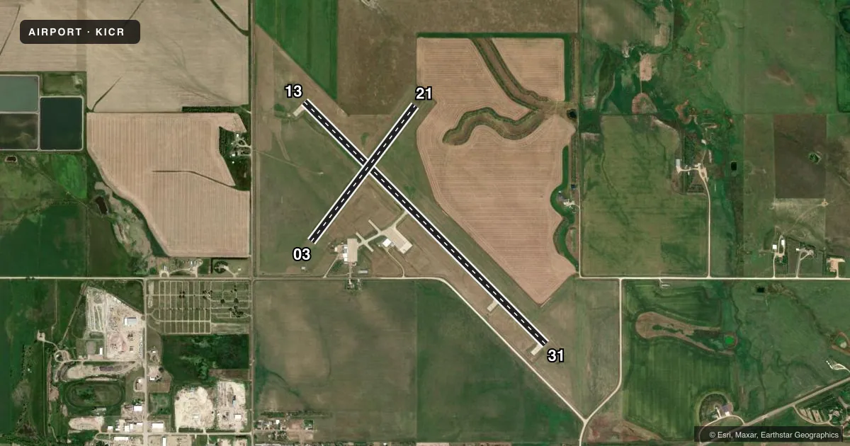 Top-down satellite sketch of KICR WINNER RGNL in WINNER, SOUTH DAKOTA, showing runways 13/31, 03/21 drawn to scale over Esri World Imagery