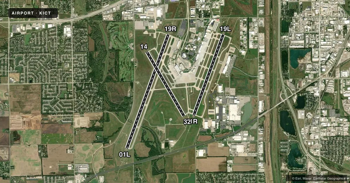 Top-down satellite sketch of KICT WICHITA DWIGHT D EISENHOWER NTL in WICHITA, KANSAS, showing runways 01L/19R, 01R/19L, 14/32 drawn to scale over Esri World Imagery