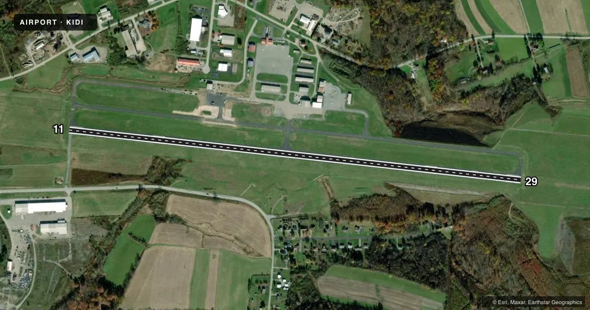 Top-down satellite sketch of KIDI INDIANA COUNTY/JIMMY STEWART FLD in INDIANA, PENNSYLVANIA, showing runways 11/29 drawn to scale over Esri World Imagery