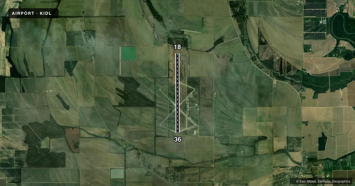 Top-down satellite sketch of KIDL INDIANOLA MUNI in INDIANOLA, MISSISSIPPI, showing runways 18/36 drawn to scale over Esri World Imagery