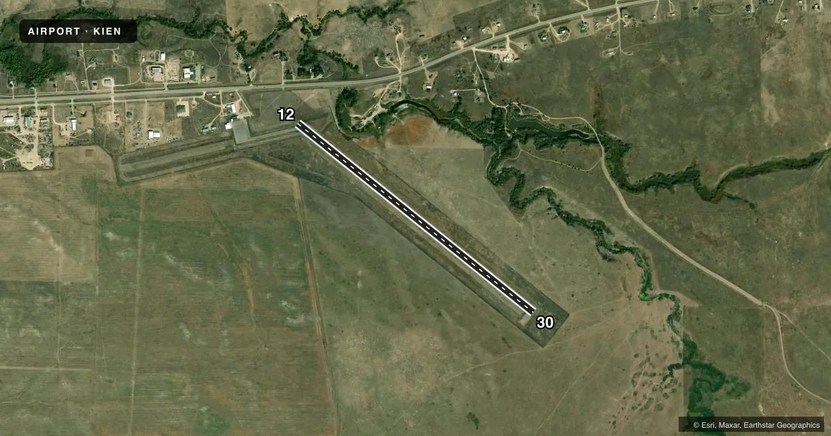 Top-down satellite sketch of KIEN PINE RIDGE in PINE RIDGE, SOUTH DAKOTA, showing runways 12/30 drawn to scale over Esri World Imagery