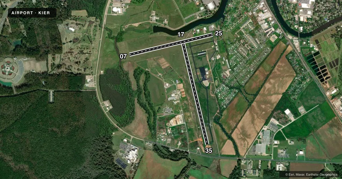 Top-down satellite sketch of KIER NATCHITOCHES RGNL in NATCHITOCHES, LOUISIANA, showing runways 17/35, 07/25 drawn to scale over Esri World Imagery