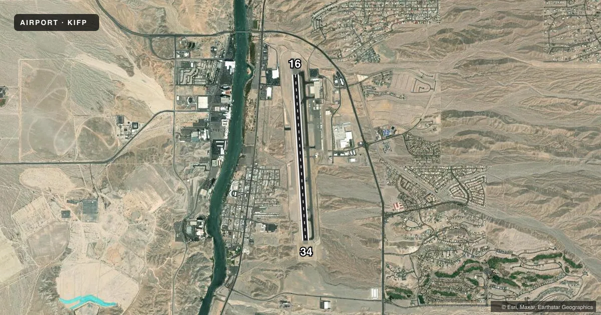Top-down satellite sketch of KIFP LAUGHLIN/BULLHEAD INTL in BULLHEAD CITY, ARIZONA, showing runways 16/34 drawn to scale over Esri World Imagery
