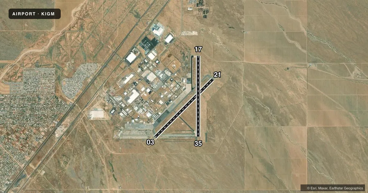 Top-down satellite sketch of KIGM KINGMAN in KINGMAN, ARIZONA, showing runways 03/21, 17/35 drawn to scale over Esri World Imagery