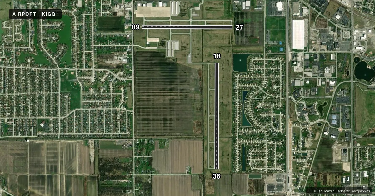 Top-down satellite sketch of KIGQ LANSING MUNI in CHICAGO, ILLINOIS, showing runways 18/36, 09/27 drawn to scale over Esri World Imagery