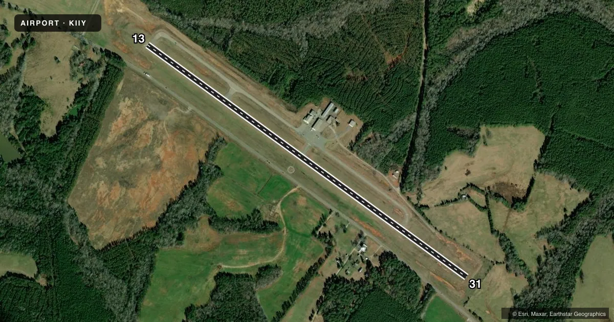 Top-down satellite sketch of KIIY WASHINGTON/WILKES COUNTY in WASHINGTON, GEORGIA, showing runways 13/31 drawn to scale over Esri World Imagery