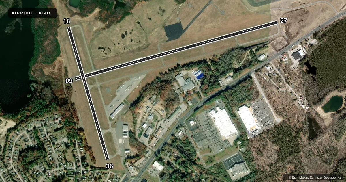 Top-down satellite sketch of KIJD WINDHAM in WILLIMANTIC, CONNECTICUT, showing runways 09/27, 18/36 drawn to scale over Esri World Imagery
