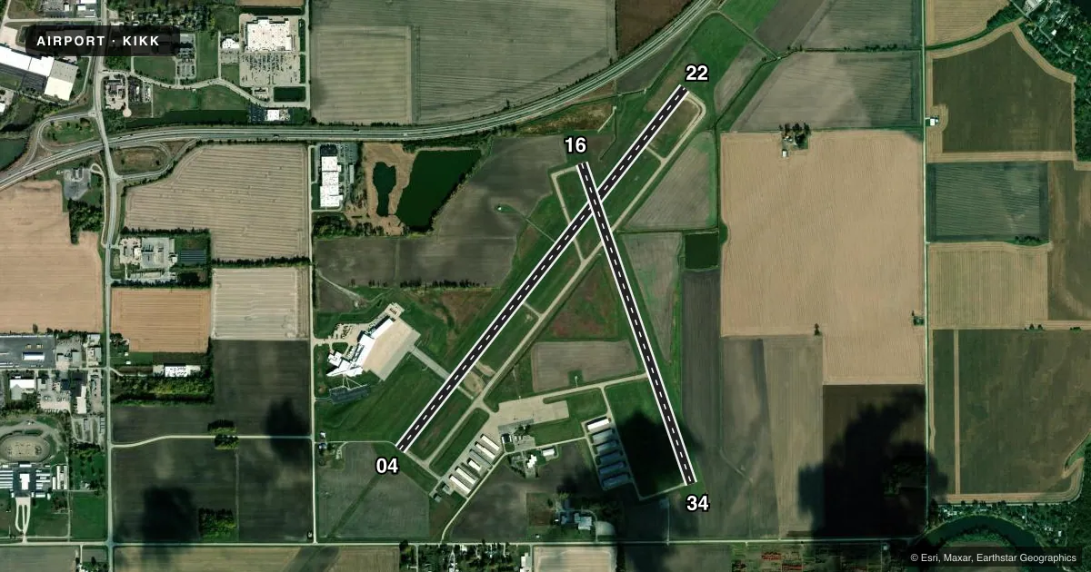 Top-down satellite sketch of KIKK GREATER KANKAKEE in KANKAKEE, ILLINOIS, showing runways 04/22, 16/34 drawn to scale over Esri World Imagery