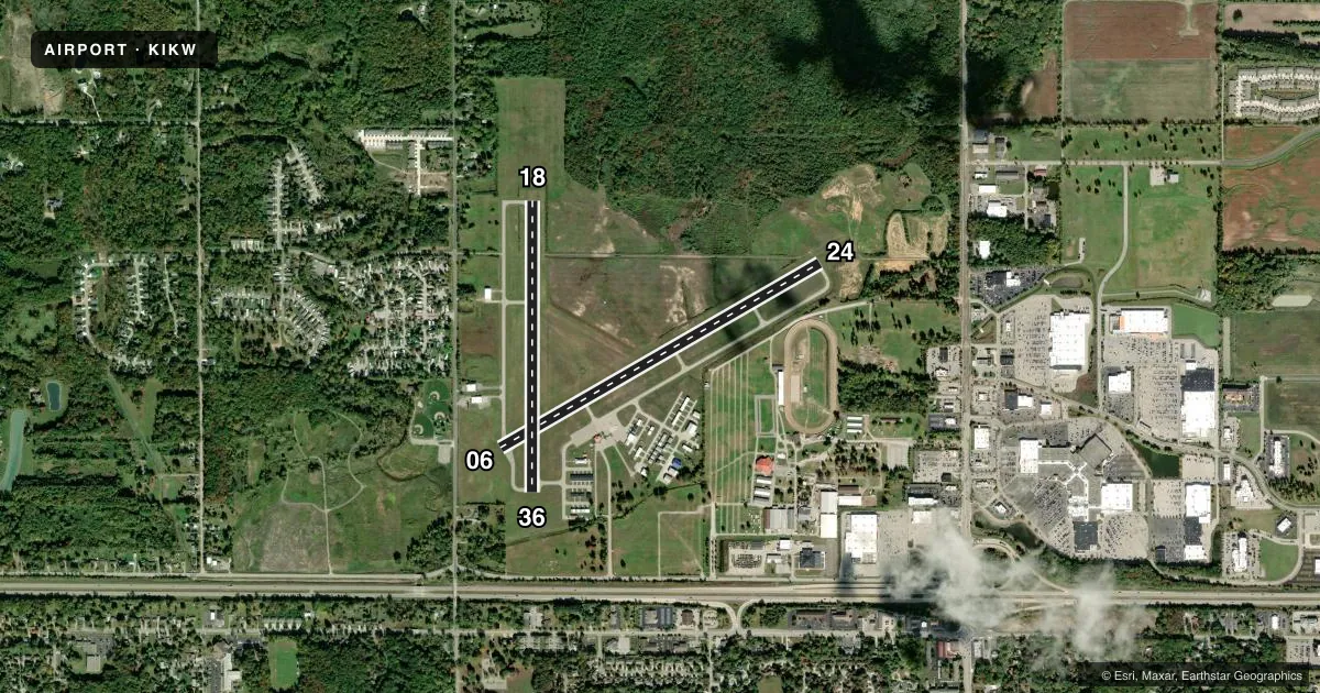 Top-down satellite sketch of KIKW JACK BARSTOW in MIDLAND, MICHIGAN, showing runways 06/24, 18/36 drawn to scale over Esri World Imagery
