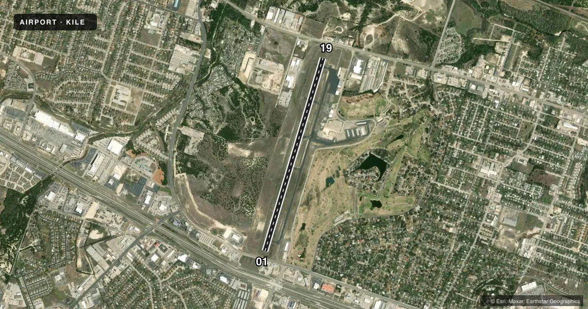 Top-down satellite sketch of KILE SKYLARK FLD in KILLEEN, TEXAS, showing runways 01/19 drawn to scale over Esri World Imagery