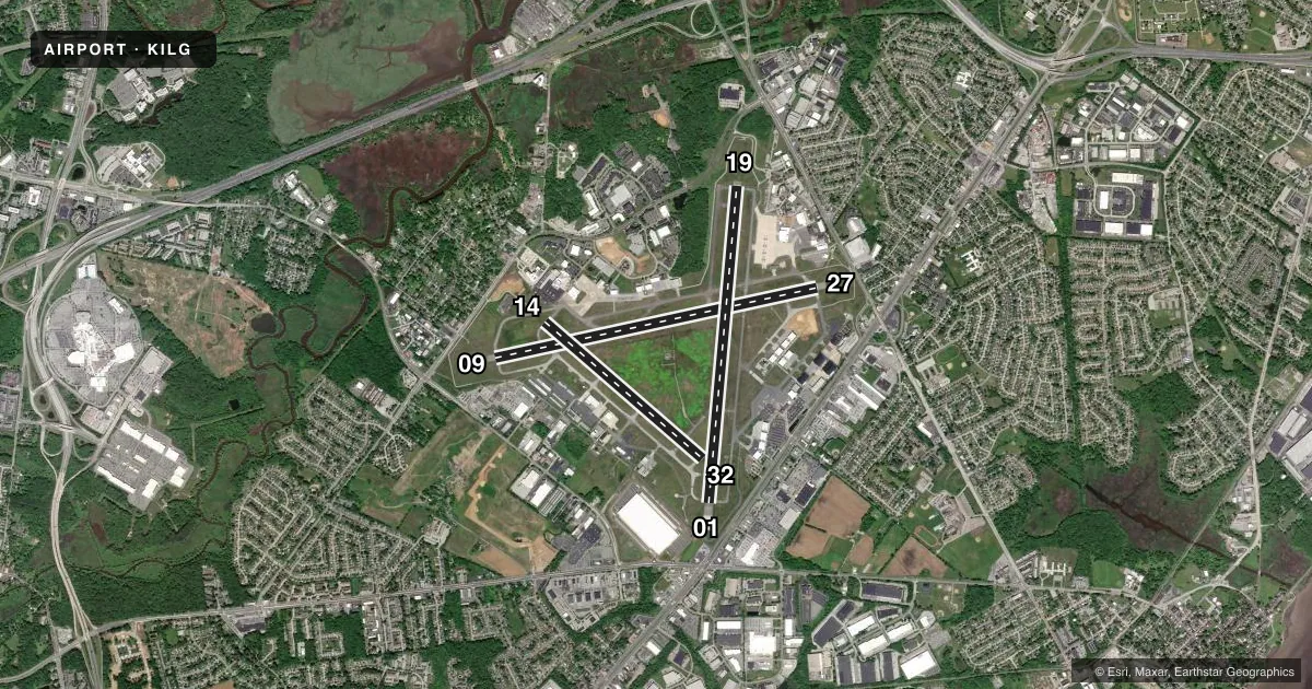 Top-down satellite sketch of KILG NEW CASTLE in WILMINGTON, DELAWARE, showing runways 09/27, 01/19, 14/32 drawn to scale over Esri World Imagery