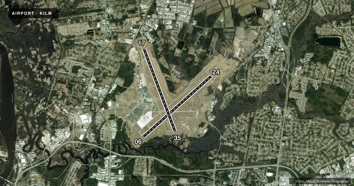 Top-down satellite sketch of KILM WILMINGTON INTL in WILMINGTON, NORTH CAROLINA, showing runways 06/24, 17/35 drawn to scale over Esri World Imagery