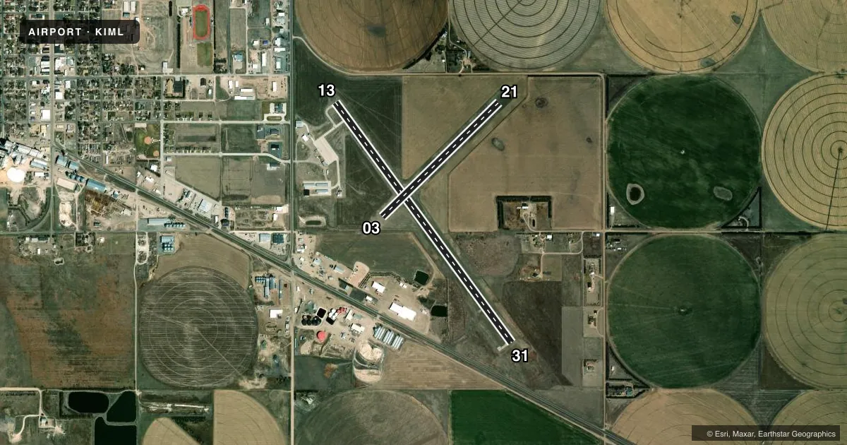 Top-down satellite sketch of KIML IMPERIAL MUNI in IMPERIAL, NEBRASKA, showing runways 13/31, 03/21 drawn to scale over Esri World Imagery