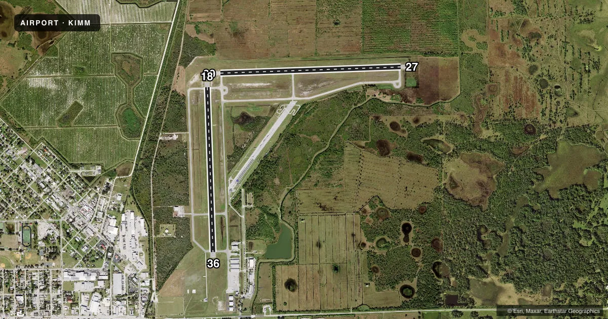 Top-down satellite sketch of KIMM IMMOKALEE RGNL in IMMOKALEE, FLORIDA, showing runways 09/27, 18/36 drawn to scale over Esri World Imagery