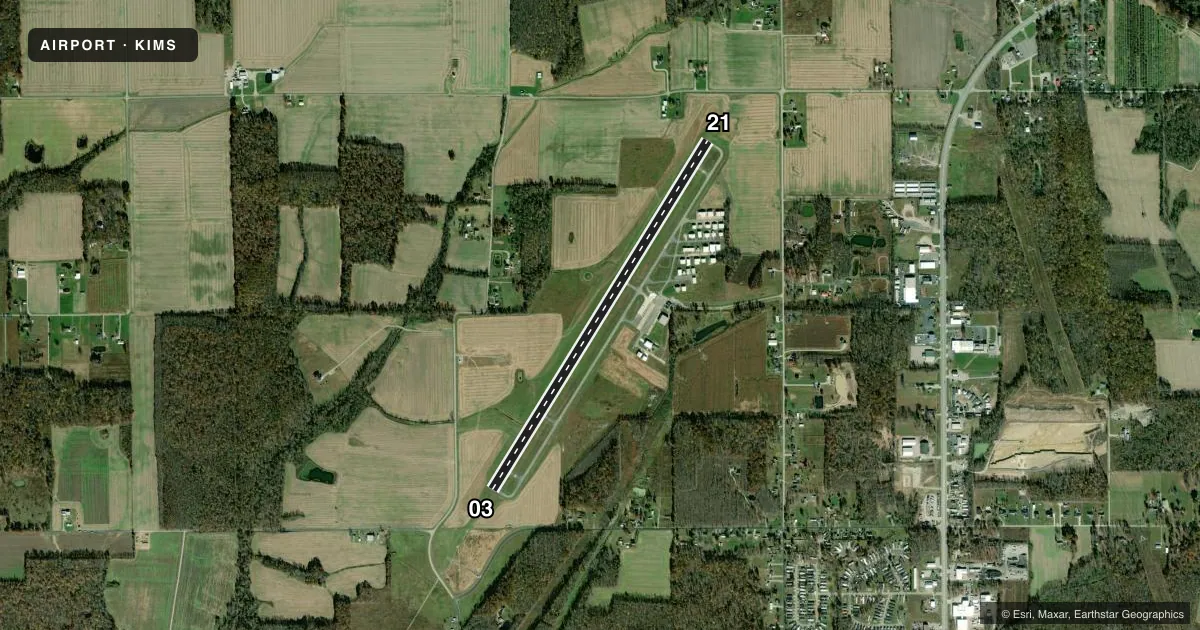 Top-down satellite sketch of KIMS MADISON RGNL in MADISON, INDIANA, showing runways 03/21 drawn to scale over Esri World Imagery