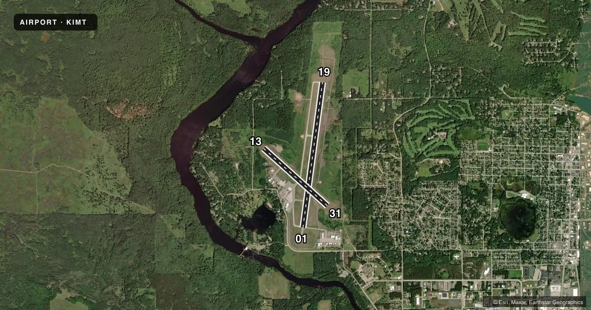 Top-down satellite sketch of KIMT FORD in IRON MOUNTAIN KINGSFORD, MICHIGAN, showing runways 01/19, 13/31 drawn to scale over Esri World Imagery