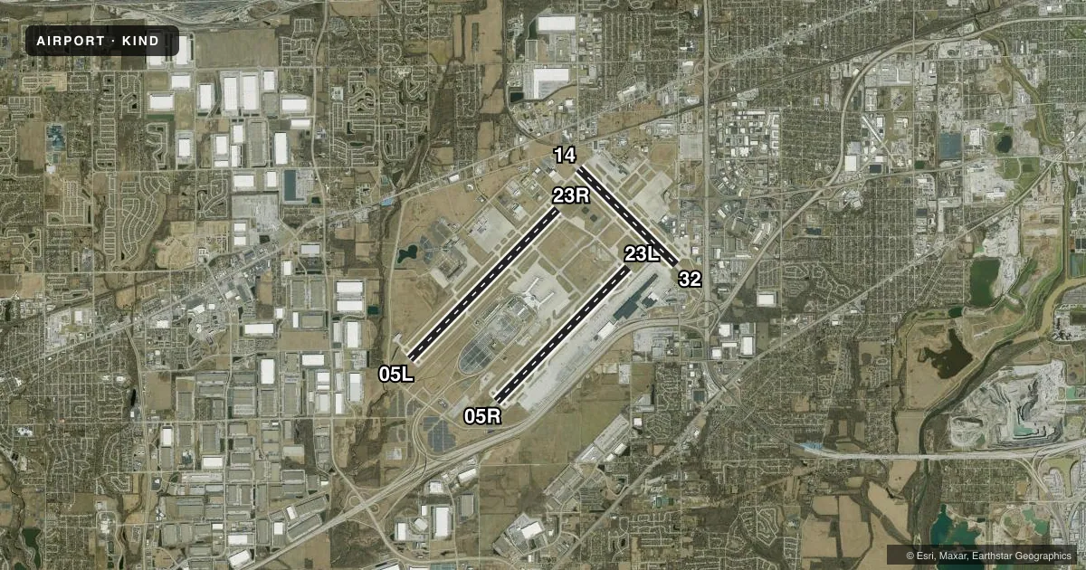 Top-down satellite sketch of KIND INDIANAPOLIS INTL in INDIANAPOLIS, INDIANA, showing runways 05L/23R, 05R/23L, 14/32 drawn to scale over Esri World Imagery