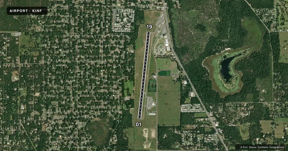 Top-down satellite sketch of KINF INVERNESS in INVERNESS, FLORIDA, showing runways 01/19 drawn to scale over Esri World Imagery