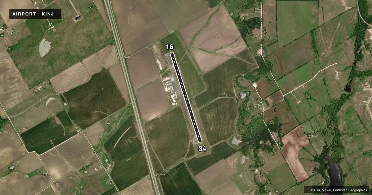 Top-down satellite sketch of KINJ HILLSBORO MUNI in HILLSBORO, TEXAS, showing runways 16/34 drawn to scale over Esri World Imagery