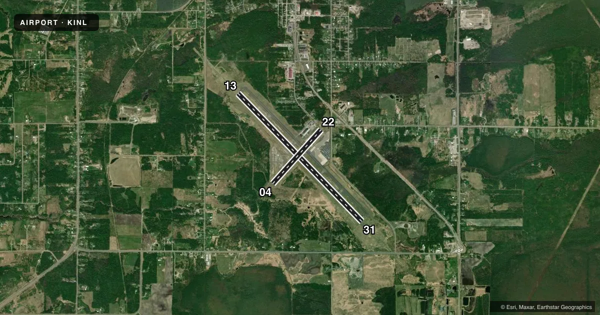 Top-down satellite sketch of KINL FALLS INTL/EINARSON FLD in INTERNATIONAL FALLS, MINNESOTA, showing runways 13/31, 04/22 drawn to scale over Esri World Imagery