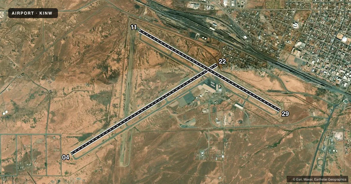 Top-down satellite sketch of KINW WINSLOW-LINDBERGH RGNL in WINSLOW, ARIZONA, showing runways 04/22, 11/29 drawn to scale over Esri World Imagery