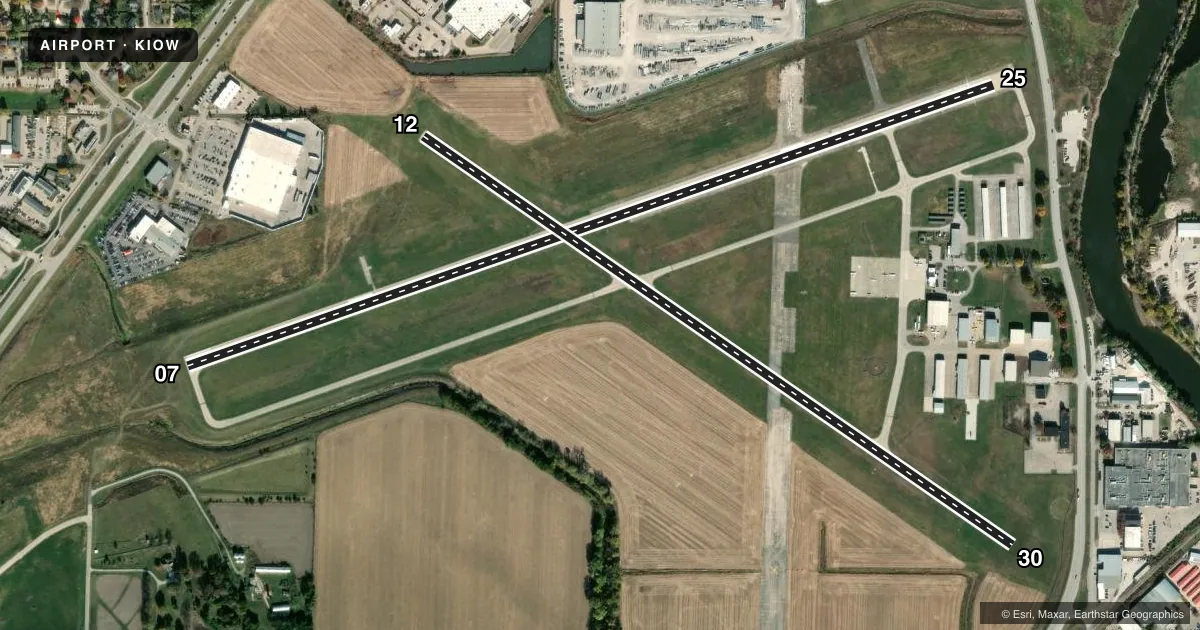 Top-down satellite sketch of KIOW IOWA CITY MUNI in IOWA CITY, IOWA, showing runways 07/25, 12/30 drawn to scale over Esri World Imagery