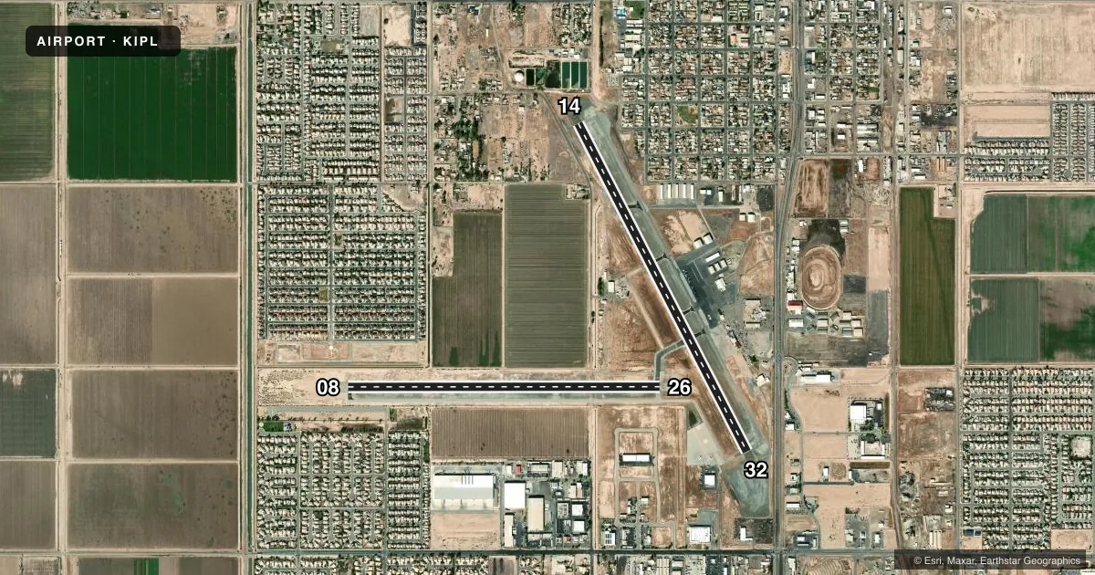 Top-down satellite sketch of KIPL IMPERIAL COUNTY in IMPERIAL, CALIFORNIA, showing runways 14/32, 08/26 drawn to scale over Esri World Imagery