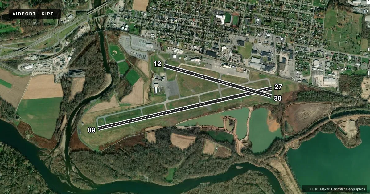 Top-down satellite sketch of KIPT WILLIAMSPORT RGNL in WILLIAMSPORT, PENNSYLVANIA, showing runways 09/27, 12/30 drawn to scale over Esri World Imagery