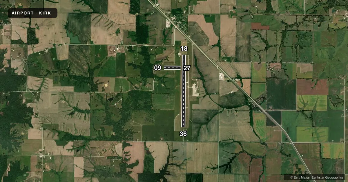 Top-down satellite sketch of KIRK KIRKSVILLE RGNL in KIRKSVILLE, MISSOURI, showing runways 18/36, 09/27 drawn to scale over Esri World Imagery