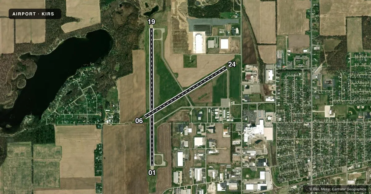 Top-down satellite sketch of KIRS KIRSCH MUNI in STURGIS, MICHIGAN, showing runways 01/19, 06/24 drawn to scale over Esri World Imagery