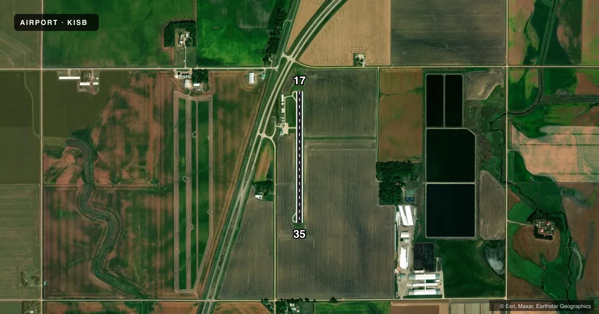 Top-down satellite sketch of KISB SIBLEY MUNI in SIBLEY, IOWA, showing runways 17/35 drawn to scale over Esri World Imagery