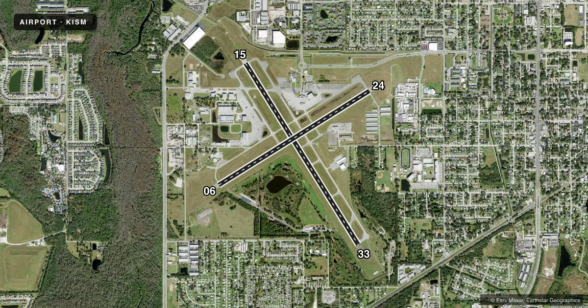Top-down satellite sketch of KISM KISSIMMEE GATEWAY in ORLANDO, FLORIDA, showing runways 15/33, 06/24 drawn to scale over Esri World Imagery