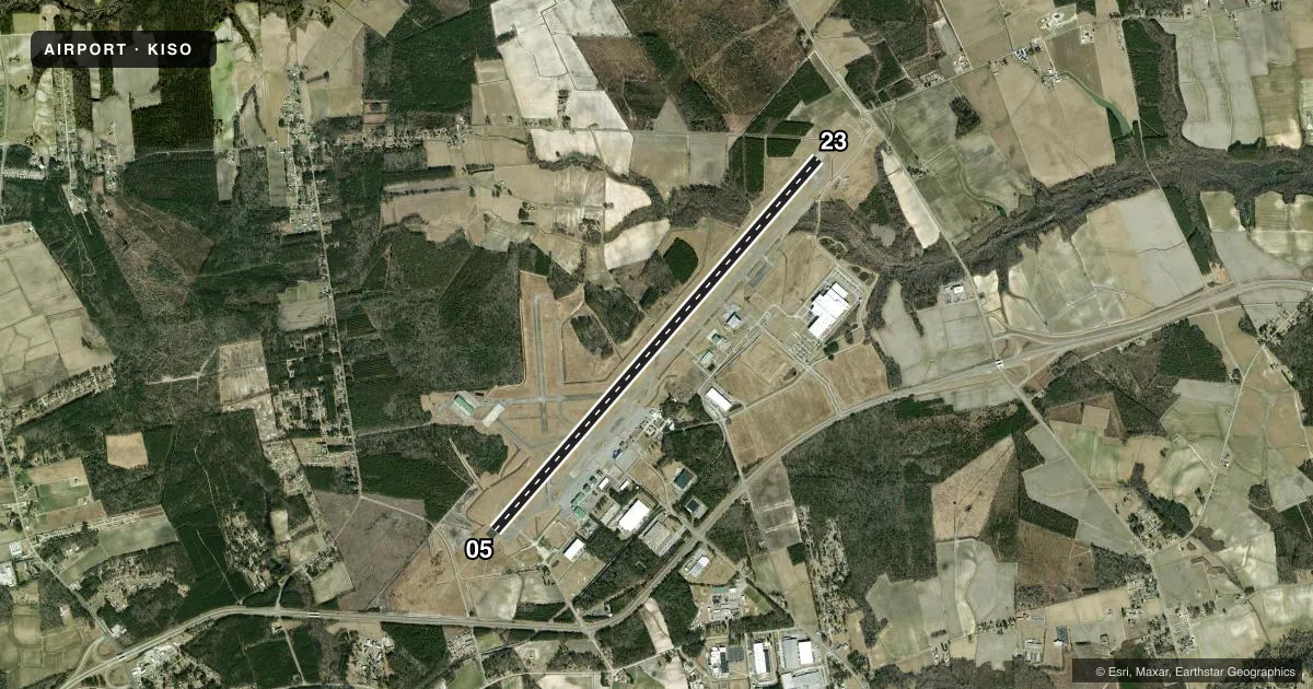 Top-down satellite sketch of KISO KINSTON RGNL JETPORT AT STALLINGS FLD in KINSTON, NORTH CAROLINA, showing runways 05/23 drawn to scale over Esri World Imagery