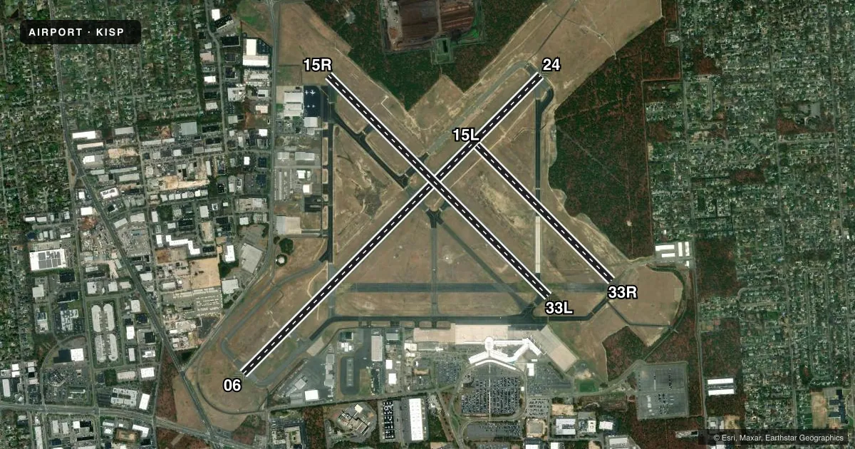 Top-down satellite sketch of KISP LONG ISLAND MAC ARTHUR in NEW YORK, NEW YORK, showing runways 06/24, 15R/33L, 15L/33R drawn to scale over Esri World Imagery