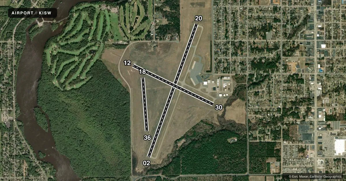 Top-down satellite sketch of KISW ALEXANDER FLD SOUTH WOOD COUNTY in WISCONSIN RAPIDS, WISCONSIN, showing runways 02/20, 12/30, 18/36 drawn to scale over Esri World Imagery