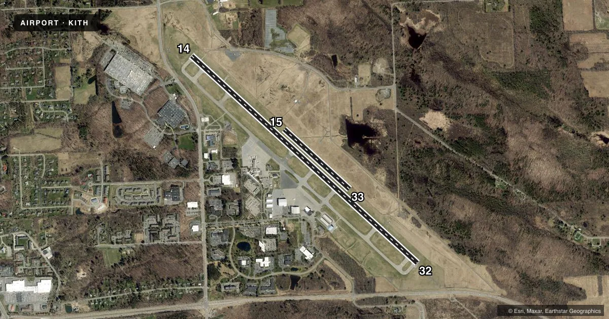 Top-down satellite sketch of KITH ITHACA TOMPKINS INTL in ITHACA, NEW YORK, showing runways 14/32, 15/33 drawn to scale over Esri World Imagery